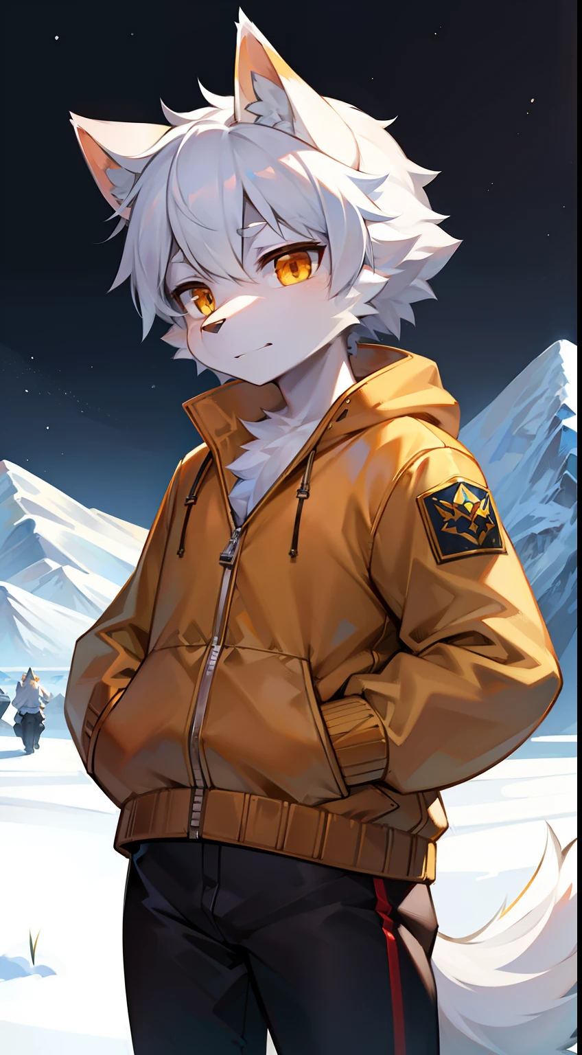 snow mountains，snowflower，full bodyesbian, Young Wolf, 人物, tmasterpiece，Orange-yellow down jacket, Furry tail, Highest image quality, 8K, Full HD background，Cartoony，adolable，male people，a plush，Furry，White fur，White body，blue ear，Orange-yellow eyes，solo person, Little Wolf Tail, Wolf ears, ((half-body portrait)),Soft lines，Soft lines of clothing