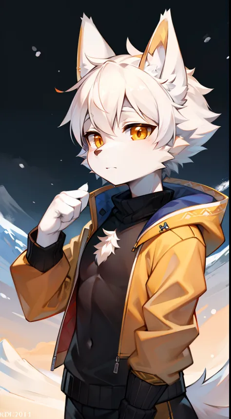 snow mountains，snowflower，full bodyesbian, Young Wolf, 人物, tmasterpiece，Orange-yellow down jacket, Furry tail, Highest image qua...