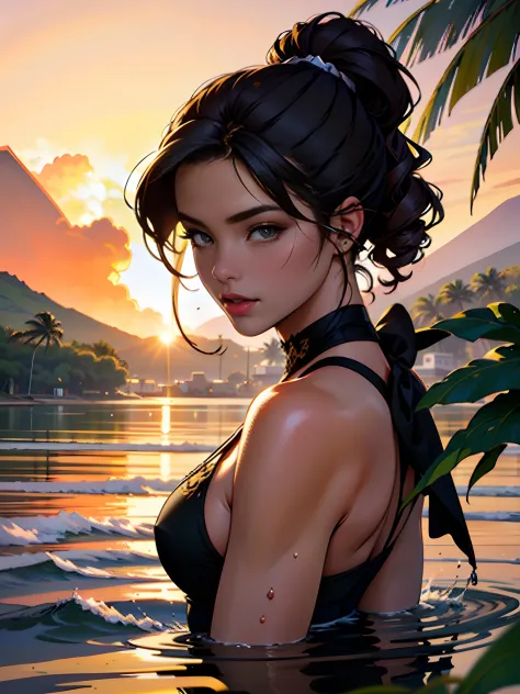 Hawaii Lahaina burning fire in the back, 1 girl painting from the water view, style by Jaime Frias, Best quality, realistic, awa...