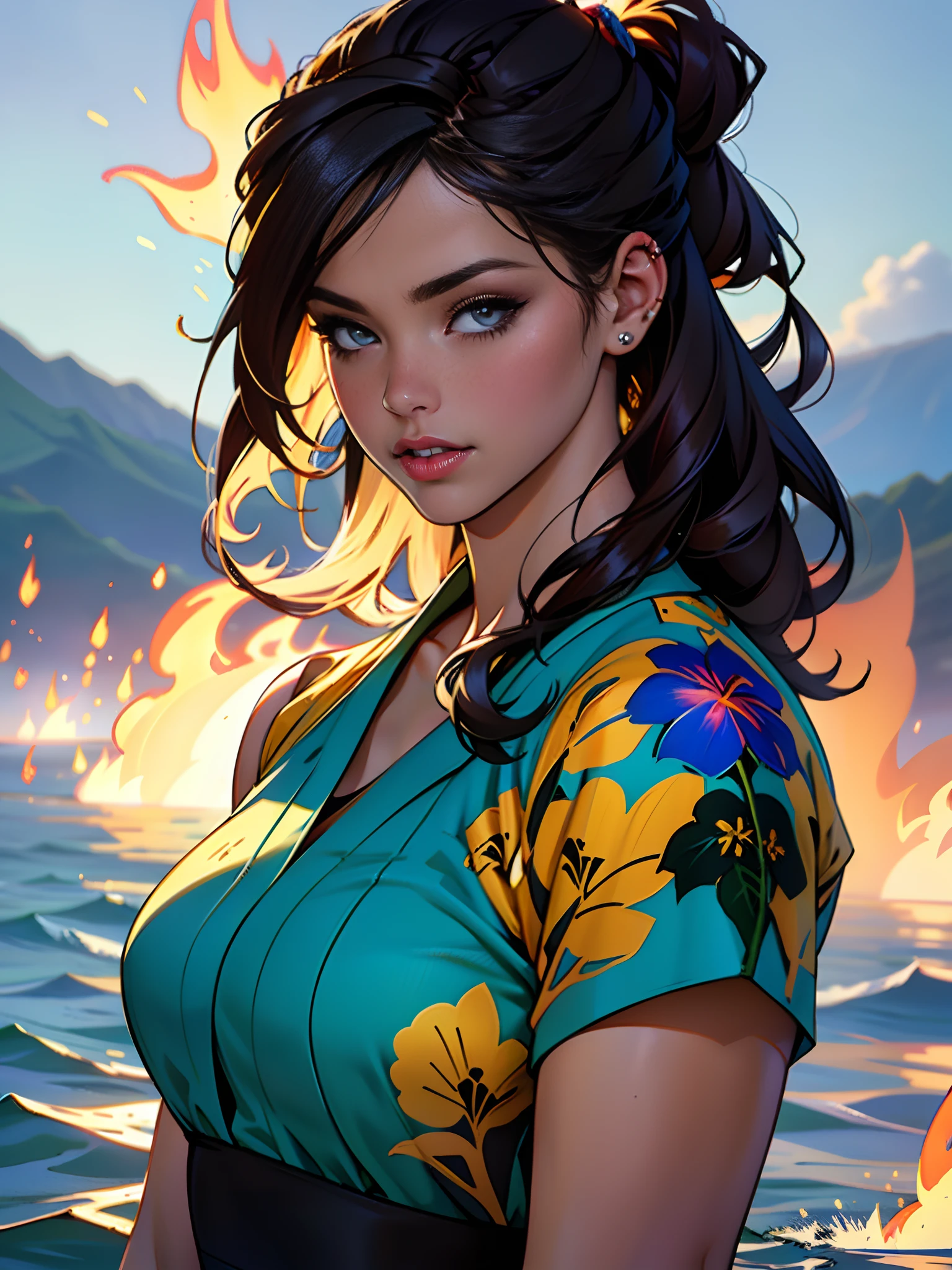 夏威夷拉海纳背部着火, 1个女孩从水景画画, Jaime Frias 的風格, 最好的品質, 實際的, 屢獲殊榮的彩色插圖, (複雜的細節: 1.2), (精細細節)