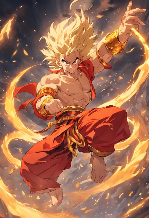 Monkey king, mythological creatures, Legendary heroes, son goku, golden staff, Fiery eyes, mischievous grin, Long sideburns, Furry tail, Cloud Ride, Flying, Martial arts, Transformation, Monkey characteristics, Powerful, agile, TRADITIONAL CHINESE COSTUMES...