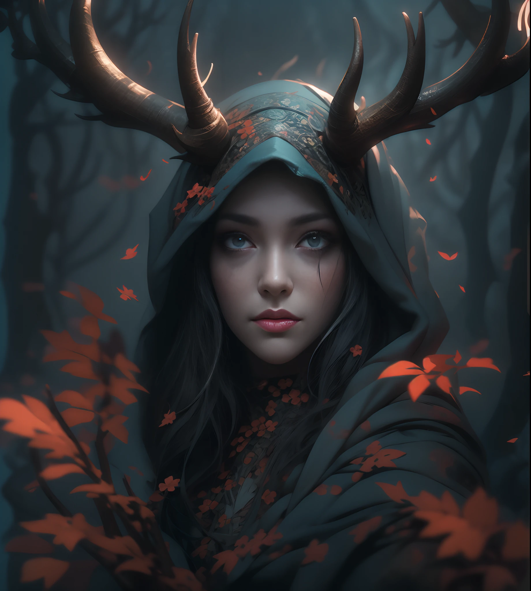 (Gray gloomy background, Dark Forest. Gloomy and hopeless, Dark dramatic lighting, vignette), Realistic eyes, beatiful face, A girl with a perfect body, Druid, with large deer antlers on the head, long straight hair, Flowers, entwined with branches, (She is dressed in a hooded robe), ((perfect anatomy)), Upper torso, glowing eyes, T-shirt design, A surge of dark magic, gotik, Burnt orange gradient, Magic, Nature, Magic Splash, 3D vector graphics, Fantasy art, watercolor effect, bokeh, Adobe Illustrator, hand-drawn, Digital Painting, soft-lighting, isometric style, retro aesthetics, 4k resolution, с Cinema 4D, natural lighting, Cinematic, Masterpiece, Highly detailed, Intricate, Extreme textures, Horror, terrific, Creepy, Scarimok a sense of sophistication and tranquility. Accentuate the low-poly style, The overall aesthetic should be sleek and stylish, which makes it suitable for branding and logo. (NSFW).