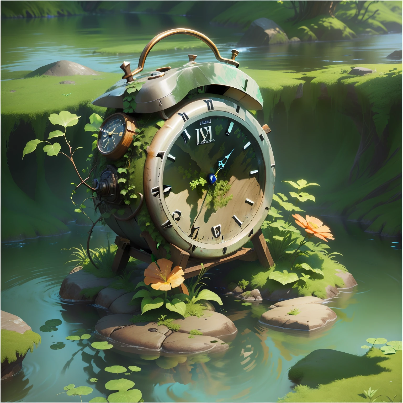 There is a worn-out clock on the rocks in the water， It is surrounded by green vines，3 d render stylized, stylized 3d render, Stylized game art, Stylized concept art, stylized as a 3d render, digital painting highly detailed, very detailed digital painting, 3 d stylize scene, Stylized digital illustration, highly detailed digital painting, an overgrown，Overgrown with shiny spots