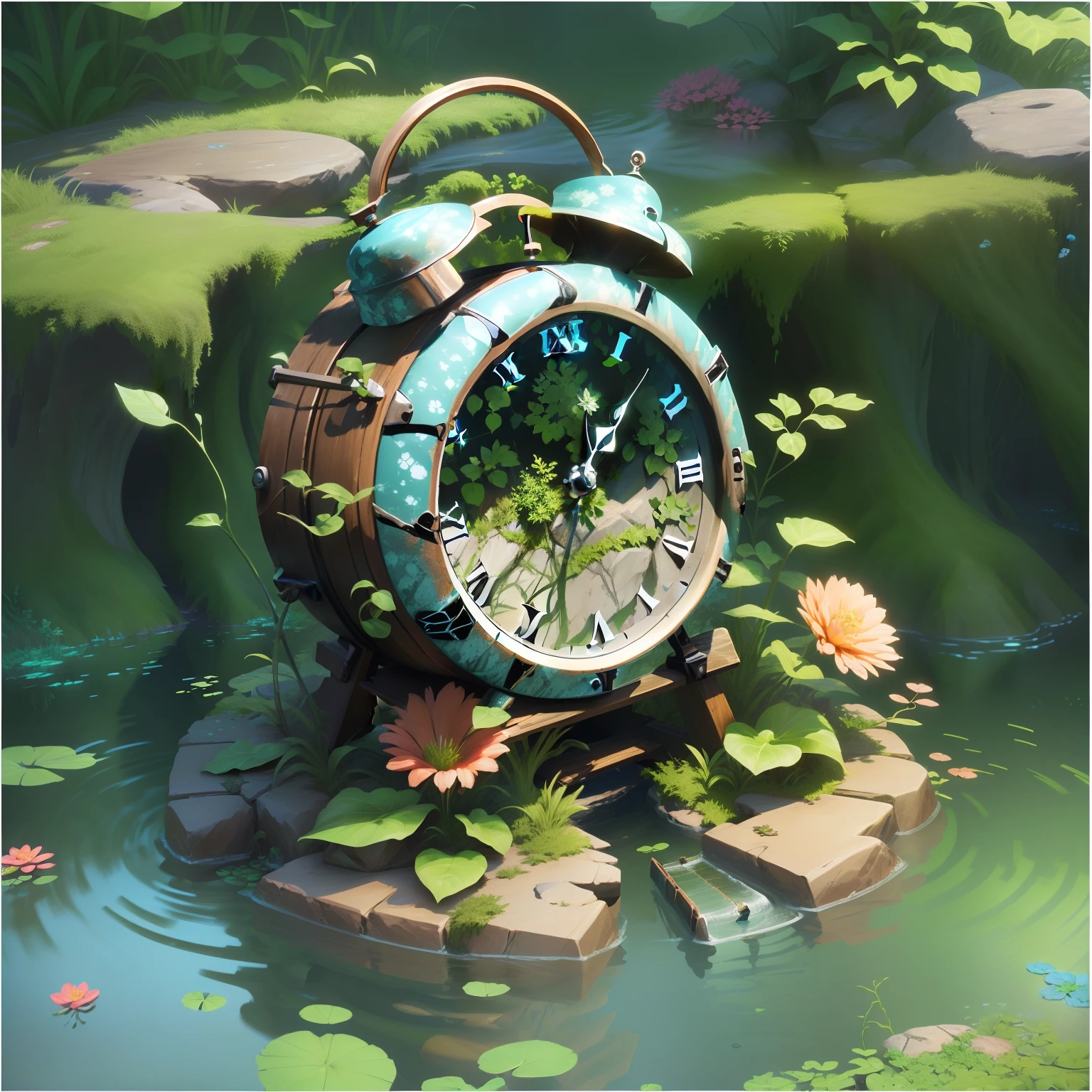 There is a worn-out clock on the rocks in the water， It is surrounded by green vines，3 d render stylized, stylized 3d render, Stylized game art, Stylized concept art, stylized as a 3d render, digital painting highly detailed, very detailed digital painting, 3 d stylize scene, Stylized digital illustration, highly detailed digital painting, an overgrown，Overgrown with shiny spots