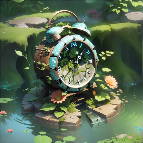 there is a worn-out clock on the rocks in the water， it is surrounded by green vines，3 d render stylized, stylized 3d render, st...