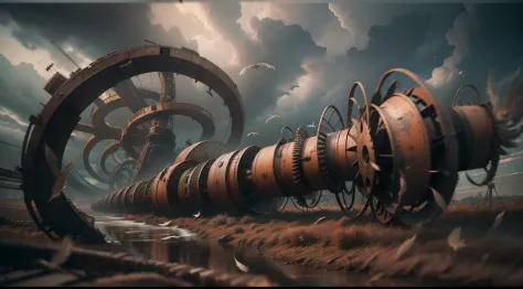 Severely distorted, The morning sky fades away, A bizarre object composed of twisted feathers/Machinery/pipelines/Rusty components float in the air, extra detail, 4kHD details, Best resolution, Surrealist composition, Extreme camera angles, Motion blur, De...