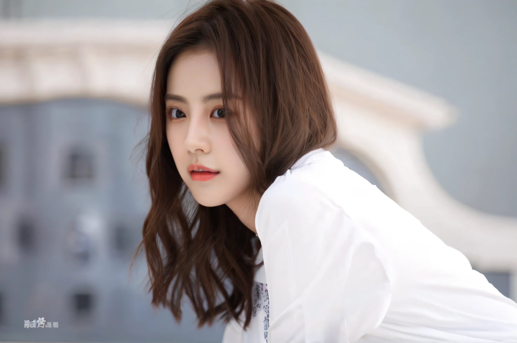 Woman with long brown hair and white shirt, Ju Jingyi Cute Chinese actress,