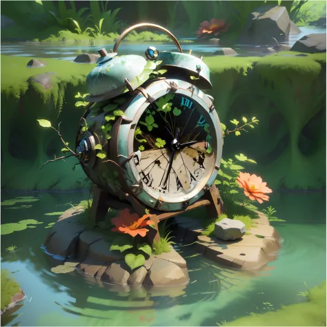 there is a worn-out clock on the rocks in the water， it is surrounded by green vines，3 d render stylized, stylized 3d render, st...