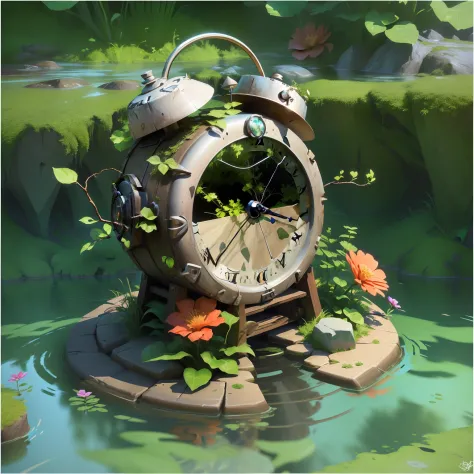 there is a worn-out clock on the rocks in the water， it is surrounded by green vines，3 d render stylized, stylized 3d render, st...