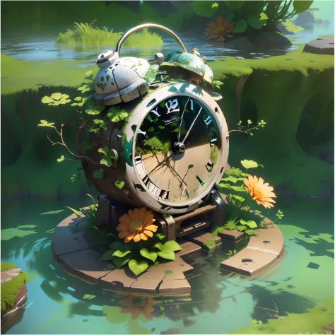 there is a worn-out clock on the rocks in the water， it is surrounded by green vines，3 d render stylized, stylized 3d render, st...