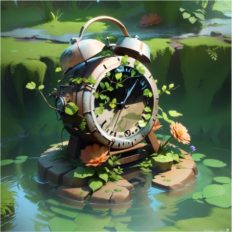 there is a worn-out clock on the rocks in the water， it is surrounded by green vines，3 d render stylized, stylized 3d render, st...