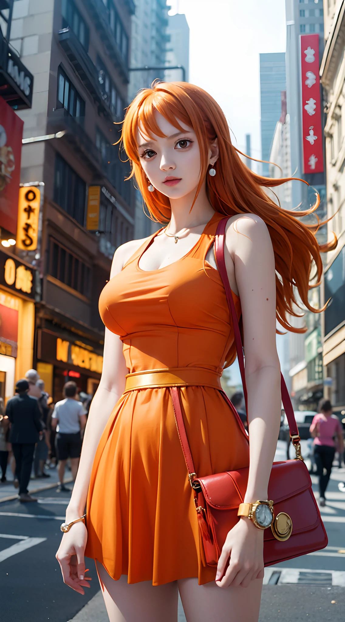 Нами из аниме One Piece, длинные волосы, оранжевые волосы, в красном платье, носить часы, серьги, носить сумочку, резинка для волос, находиться на публике, в Нью-Йорке, идеальное тело, идеальная грудь, стоя, смотрю на аудиторию, шедевр, Текстурированная кожа, супер деталь, высокая детализация, высокое качество, Лучшее качество, HD, 16К