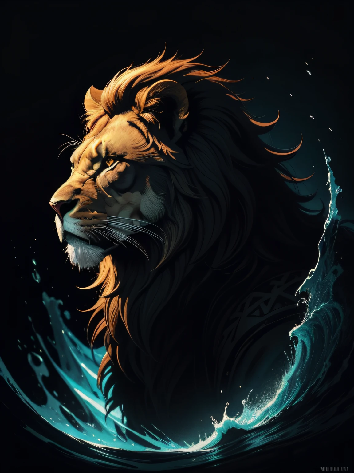 [lion] Silhouette héraldique, illustration de style de masquage de logo, par Dan Mumford, par Greg Rutkowski, par James Jean, fond noir, mystérieux, art fantastique, Réaliste, majestueux, des couleurs riches et vibrantes, Contraste élevé, marque d&#39;eau sans soudure, Station artistique, Deviantart, dribble, bulle rouge, public, netteté, simple, hyper détaillé, Dessin détaillé, vectoriser, contour, style isométrique, 8k."