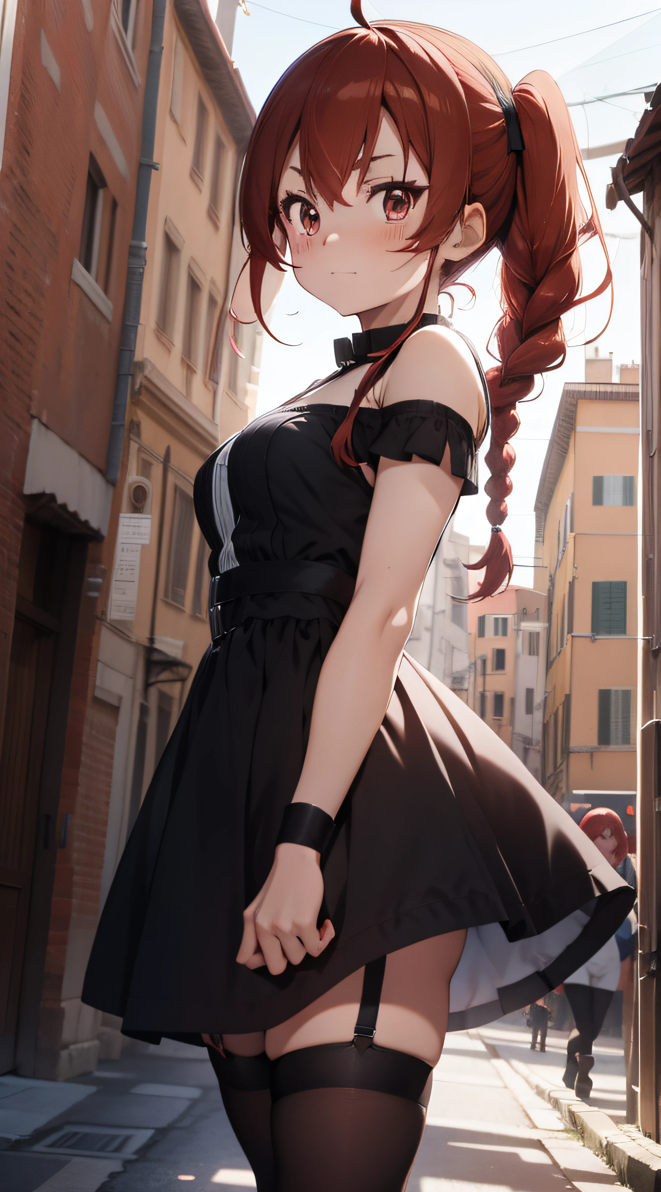 anime girl, lonely, red hair, braids, happy, look at the viewer, colosseum, italy, rome, serena, gothic dress, gothic clothes, black gothic dress, Gothic Dark Strips Bandaged Cutout Dress