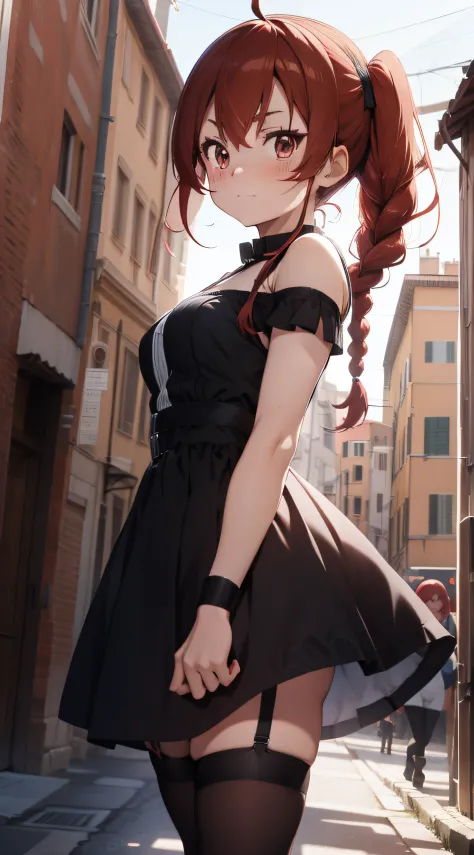 anime girl, lonely, red hair, braids, happy, look at the viewer, colosseum, italy, rome, serena, gothic dress, gothic clothes, b...