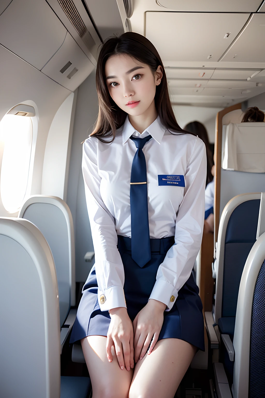 Top Qualität, Meisterwerk, 8K, Ultra-High-Definition, (fotorealistisch: 1.4), 1 Mädchen, schönes Gesicht, Symmetrische Augen, Groß, perfekte Körperproportionen, Stewardess-Uniform, Blick des Betrachters, (Im Flugzeug: 1.2), Vorderansicht, Schultersprung, Absolute Fläche (1.3),