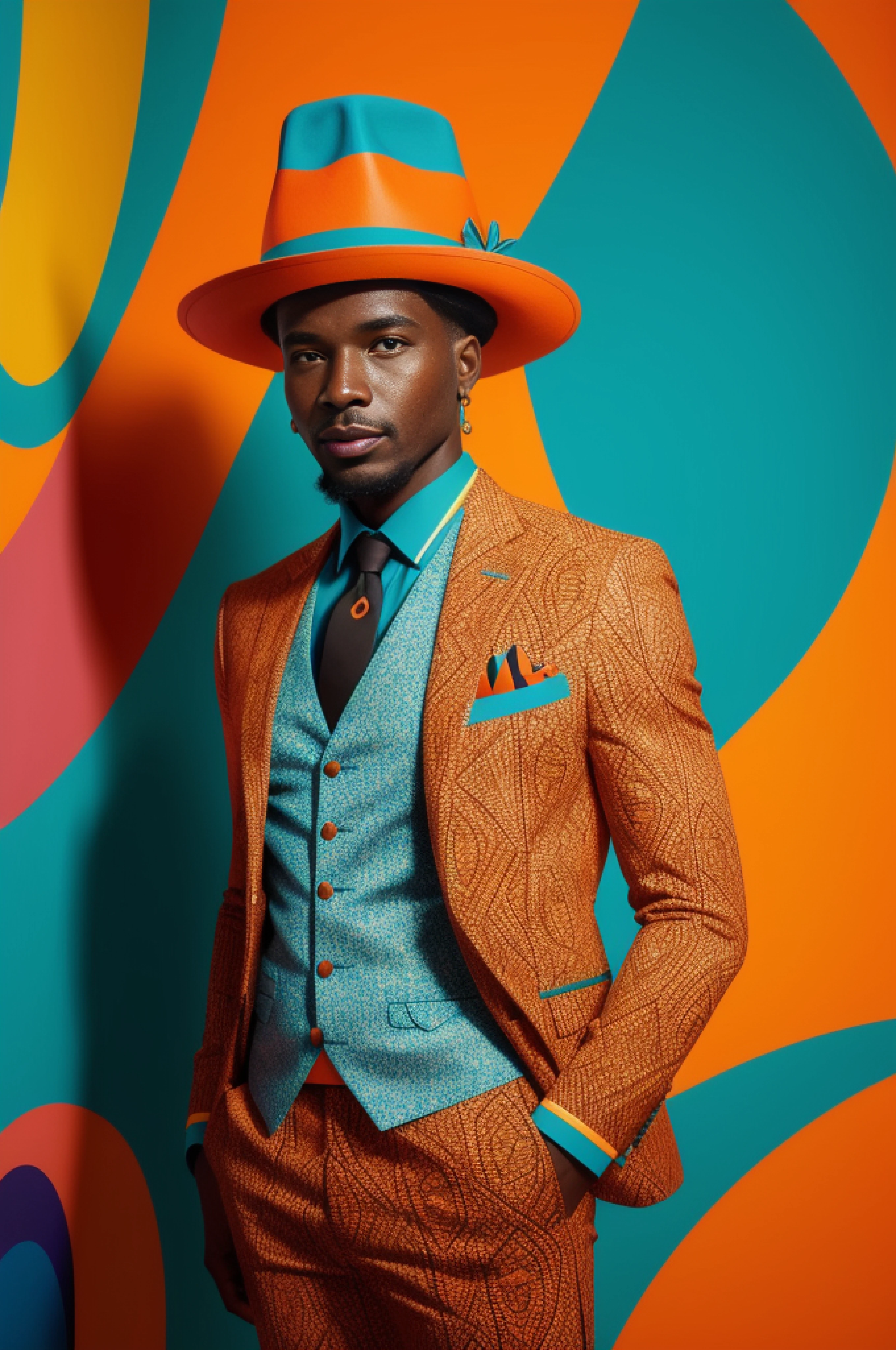 **a man in a printed suit and hat standing on a colorful background, in the style of bold contrast and textural play, appropriation artist, asante art, bold fashion photography, optical, celebrity-portraits, dark orange and turquoise