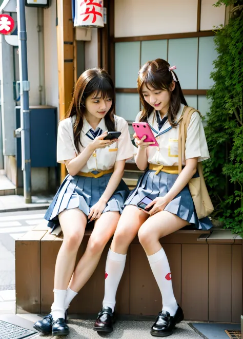 Two women sitting on a shelf looking at their mobile phones, two japanese schoolgirls posing, girls resting, wearing japanese sc...