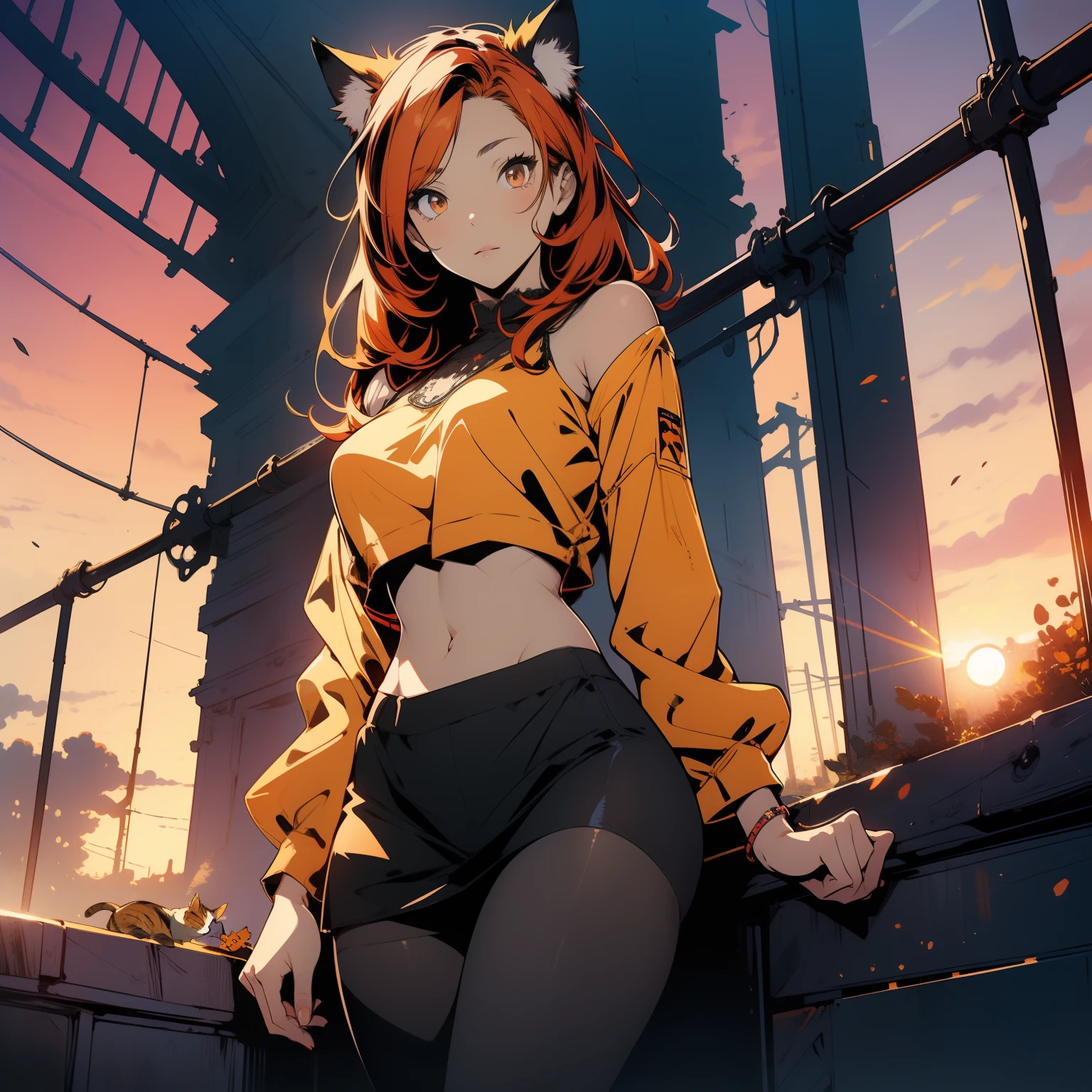 (finely detailed beautiful eyes and detailed face,masterpiece, full body shot, sidelighting,masterpiece,best quality,detailed,high resolution illustration), (1girl, solo, alone) alluring face and chest, big chest
(1girl,whole body,bishoujo,lustrous skin,looking down,looking at viewer),
(red hair,sunset orange eyes, cat-girl, ocre crop top, wearing bare black pantyhose)