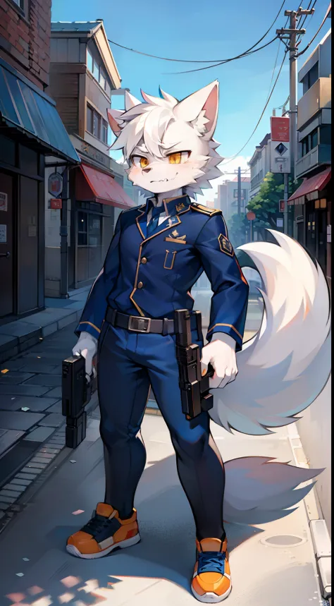 城市，the street，full bodyesbian, Young Wolf, 人物, tmasterpiece，Navy blue police uniform, Furry tail, Highest image quality, 8K, Ful...