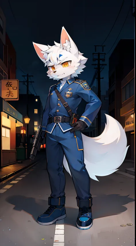 城市，the street，full bodyesbian, Young Wolf, 人物, tmasterpiece，Navy blue police uniform, Furry tail, Highest image quality, 8K, Ful...