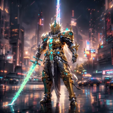 ultra wide shot, full body shot, (masterpiece, best quality), ((A paladin holding a light infused sword, light magic, divine, magewave, silver and gold)) , 4k, dark cityscape, Fujifilm, Beautiful detail background, Ultra detailed, Great composition, movie ...