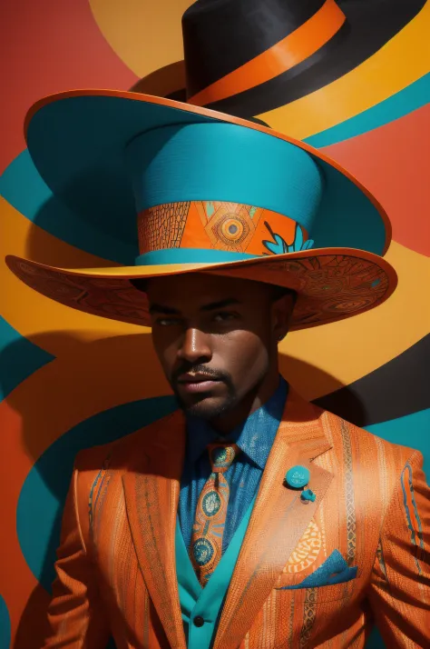 **a man in a printed suit and hat standing on a colorful background, in the style of bold contrast and textural play, appropriat...