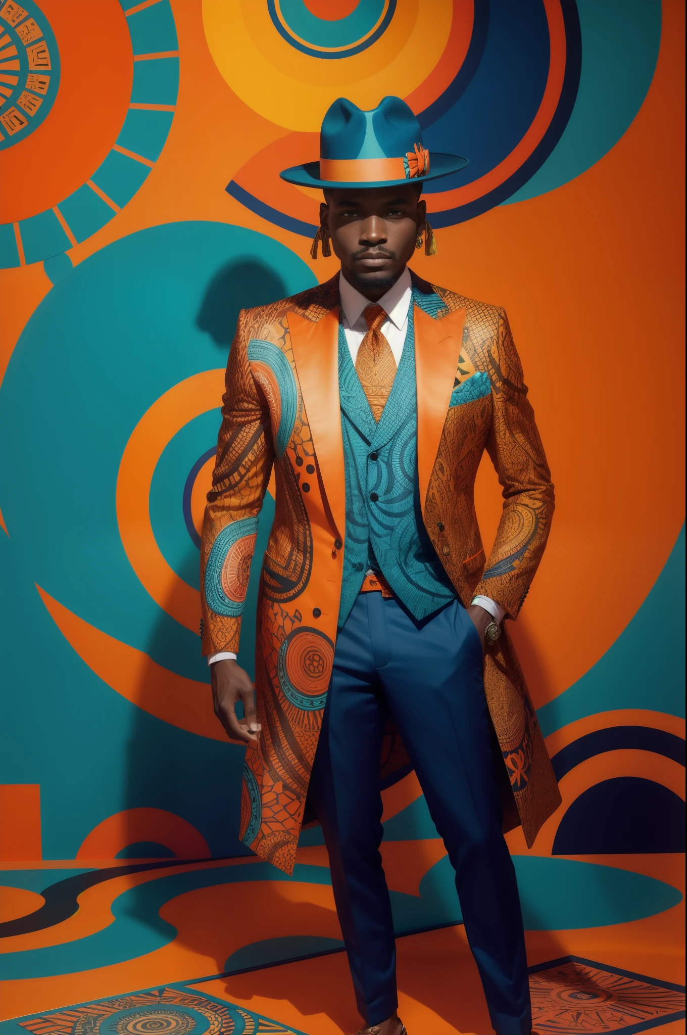**a man in a printed suit and hat standing on a colorful background, in the style of bold contrast and textural play, appropriation artist, asante art, bold fashion photography, optical, celebrity-portraits, dark orange and turquoise
