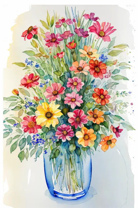 draw vases with watercolors of different colors, vase with flowers, watercolor painting style, vases, watercolor detailed art, w...