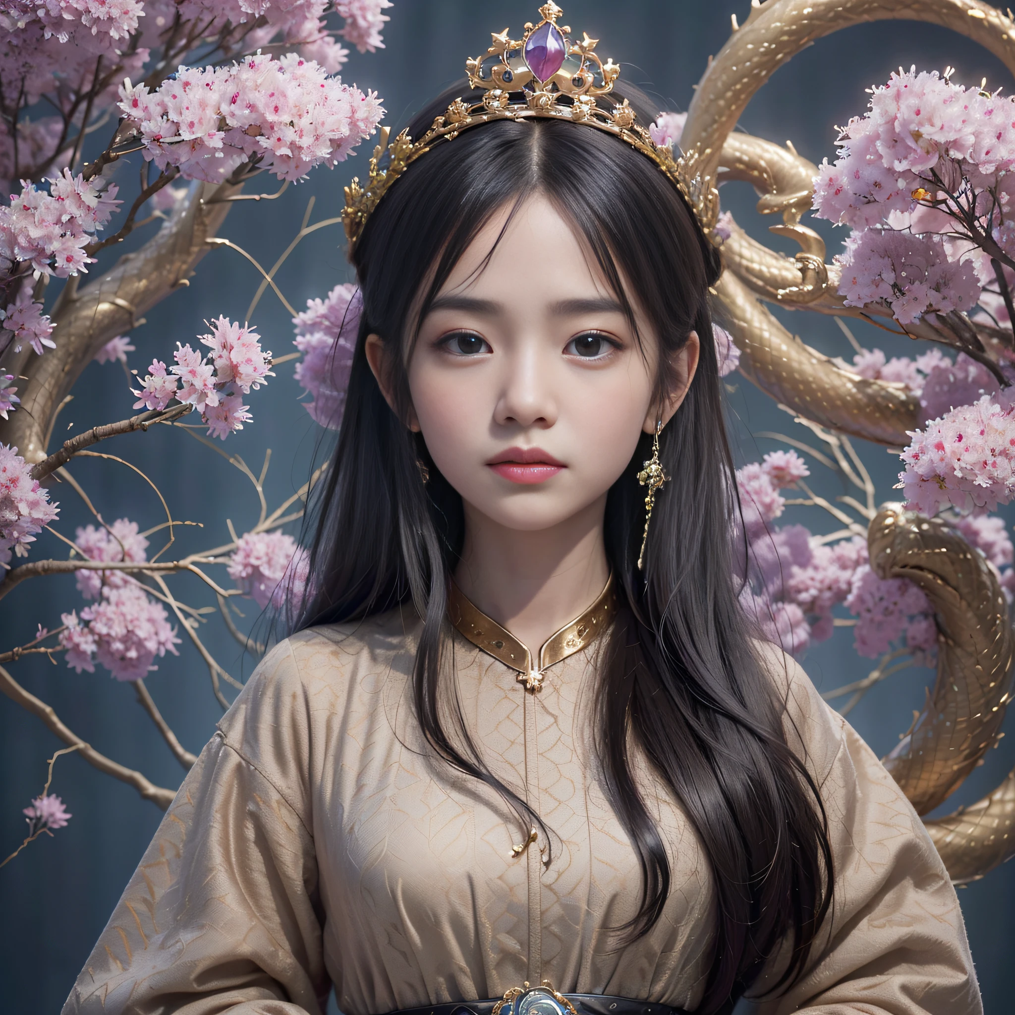 32K（tmasterpiece，k hd，hyper HD，32K）Long flowing black hair，ponds，Xuzhou girl ，Tower protector （realisticlying：1.4），Python pattern robe，Purple-pink tiara，Snowflakes fluttering，The background is pure，Hold your head high，Be proud，The nostrils look at people， A high resolution， the detail， RAW photogr， Sharp Re， Nikon D850 Film Stock Photo by Jefferies Lee 4 Kodak Portra 400 Camera F1.6 shots, Rich colors, ultra-realistic vivid textures, Dramatic lighting, Unreal Engine Art Station Trend, cinestir 800，Hold your head high，Be proud，The nostrils look at people