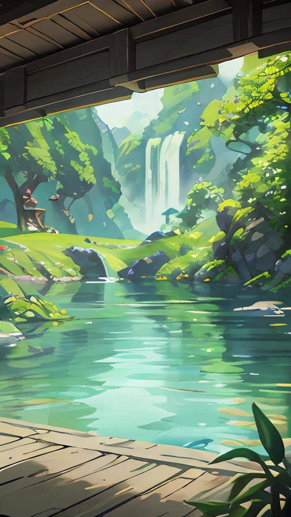 Chinese ancient times, spring, jungle, lake, cave, waterfall, tree, meadow, rock, deer, hot spring, water vapor, (illustration: 1.0), epic composition, realistic lighting, HD details, masterpiece, best quality, (very detailed CG unified 8k wallpaper)