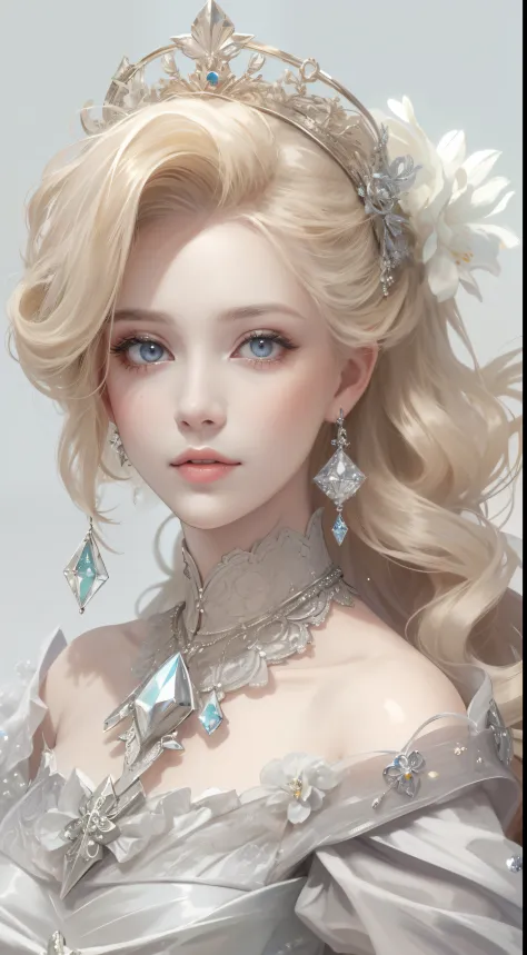 tmasterpiece，Highest high resolution，Dynamic bust of beautiful aristocratic maiden，Blonde hair，Gray clear eyes，The hair is covered with beautiful and delicate floral craftsmanship, Crystal jewelry filigree，Ultra-detailed details，upscaled。