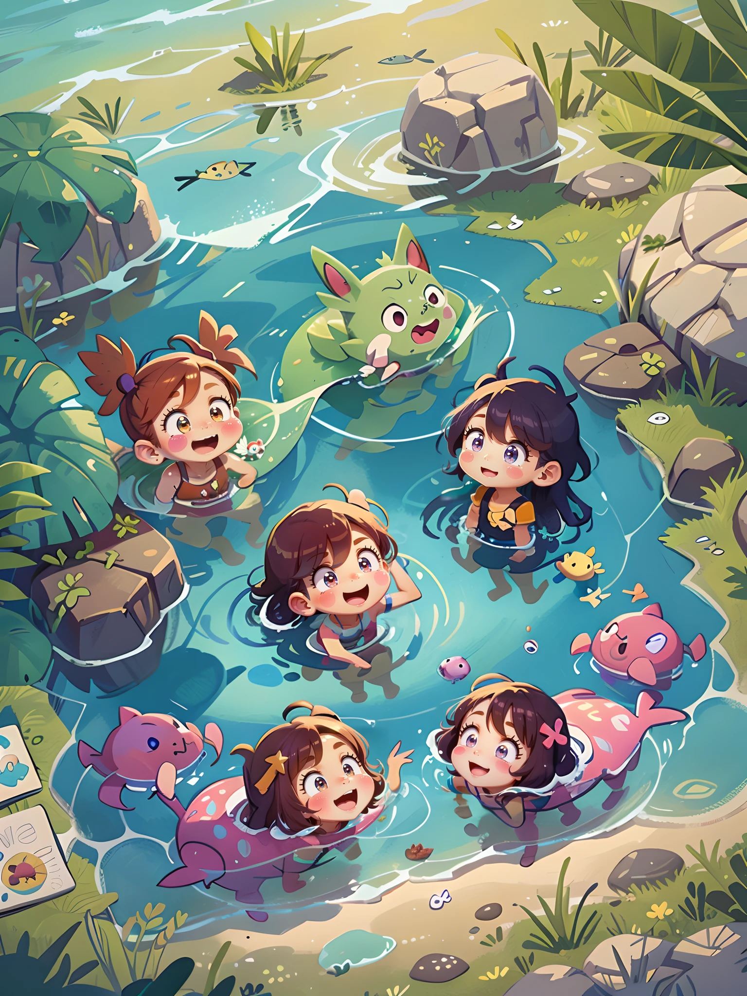 cartoon illustration of a group of Pokemons swimming in the ocean, colorful kids book illustration, colorful illustration, summer swimming party, game illustration, cute illustration, childrens art in artstation, 2. 5 d illustration, kids book illustration, animation illustrative style, in the sea, 2 d illustration, 2d illustration, a beautiful artwork illustration, colorfull illustration, beautiful shining eyes, like crystal clear glass