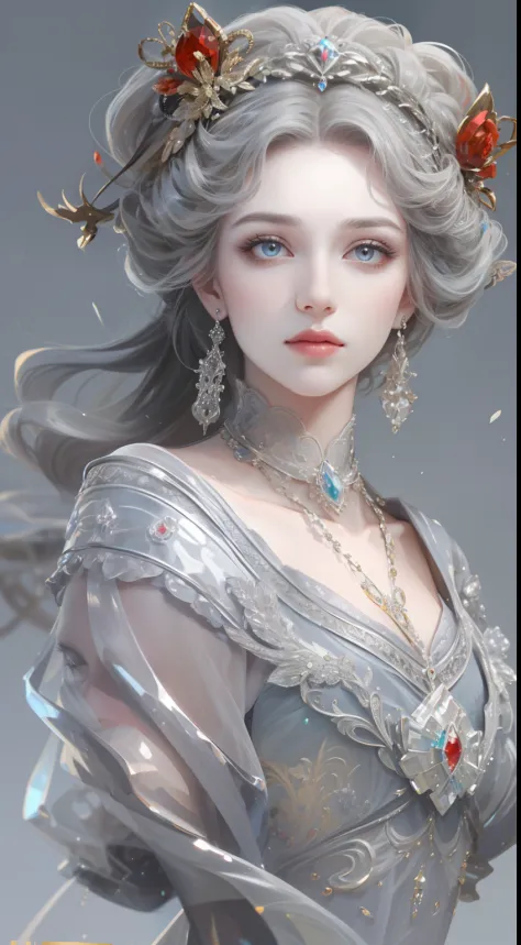 tmasterpiece，Highest high resolution，Dynamic bust of beautiful aristocratic maiden，Gray coiled hair，Red clear eyes，The hair is covered with beautiful and delicate floral craftsmanship, Crystal jewelry filigree，Ultra-detailed details，upscaled。