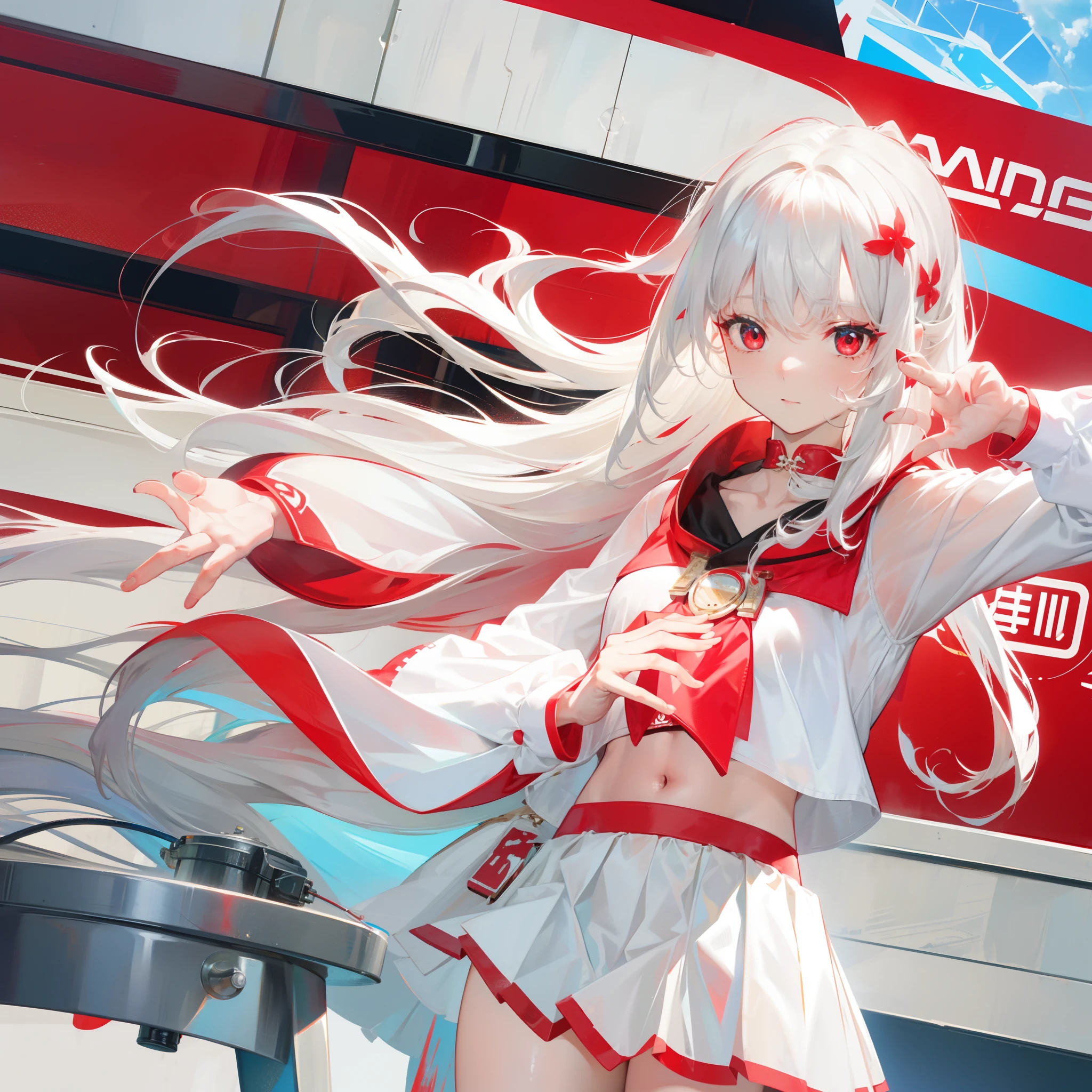 4K, Best quality, Girl, White hair, mid - length hair, Red eyes, skyblue shirt with love emote, White skirt