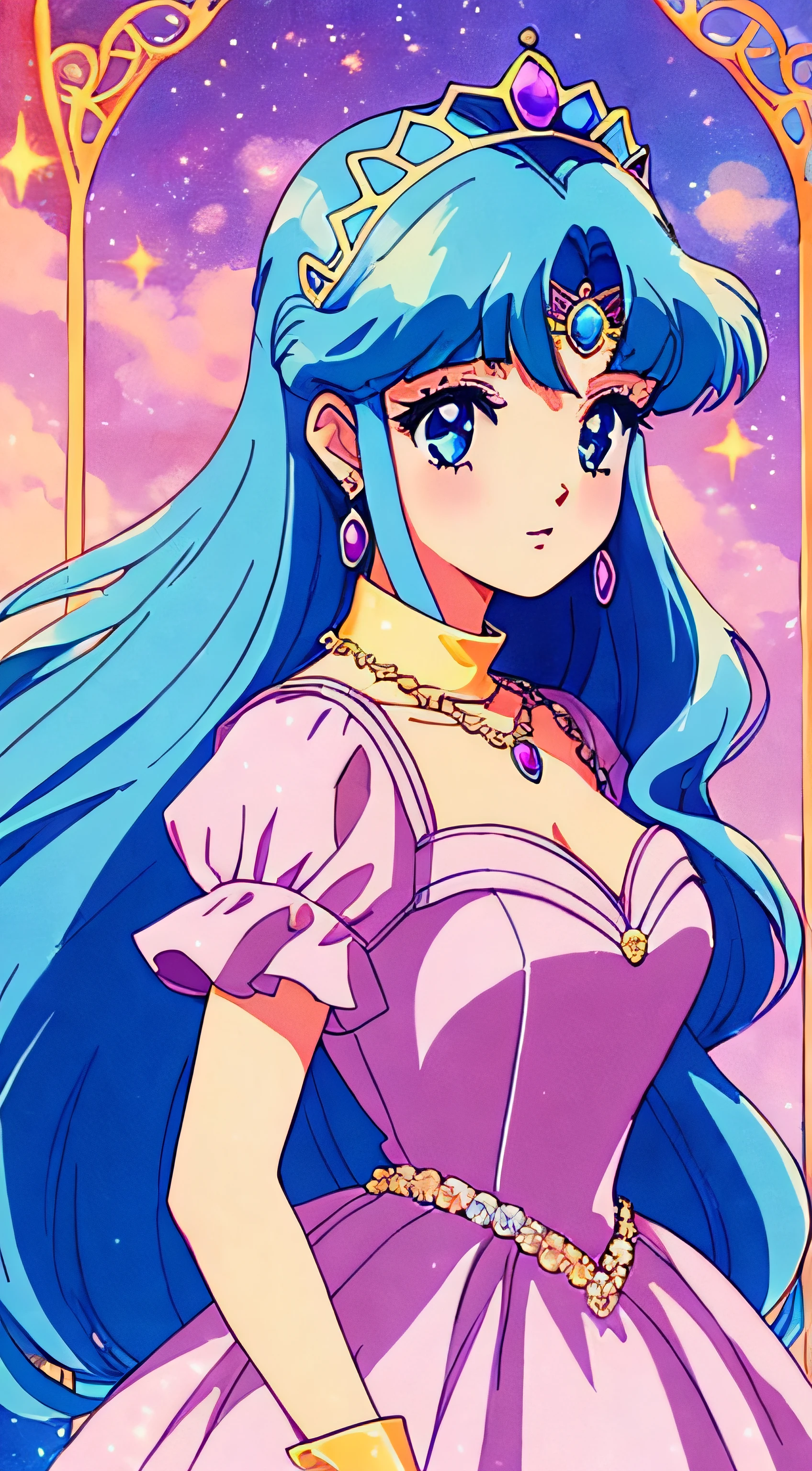 1 Princess，Character Standing Painting，thick blue hair，(Beautiful dress、Hairstyles、tiara crown、Jewelry)，Pretty eyes，blush，PastelColors，retro anime，1990s anime，tmasterpiece，Best Quality