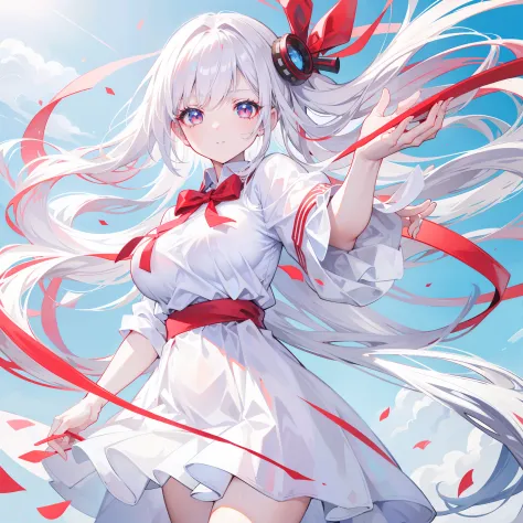 4K, Best quality, schoolgirls, white color hair, mid - length hair, red color eyes, sky blue shirt, White dress，anime big breast