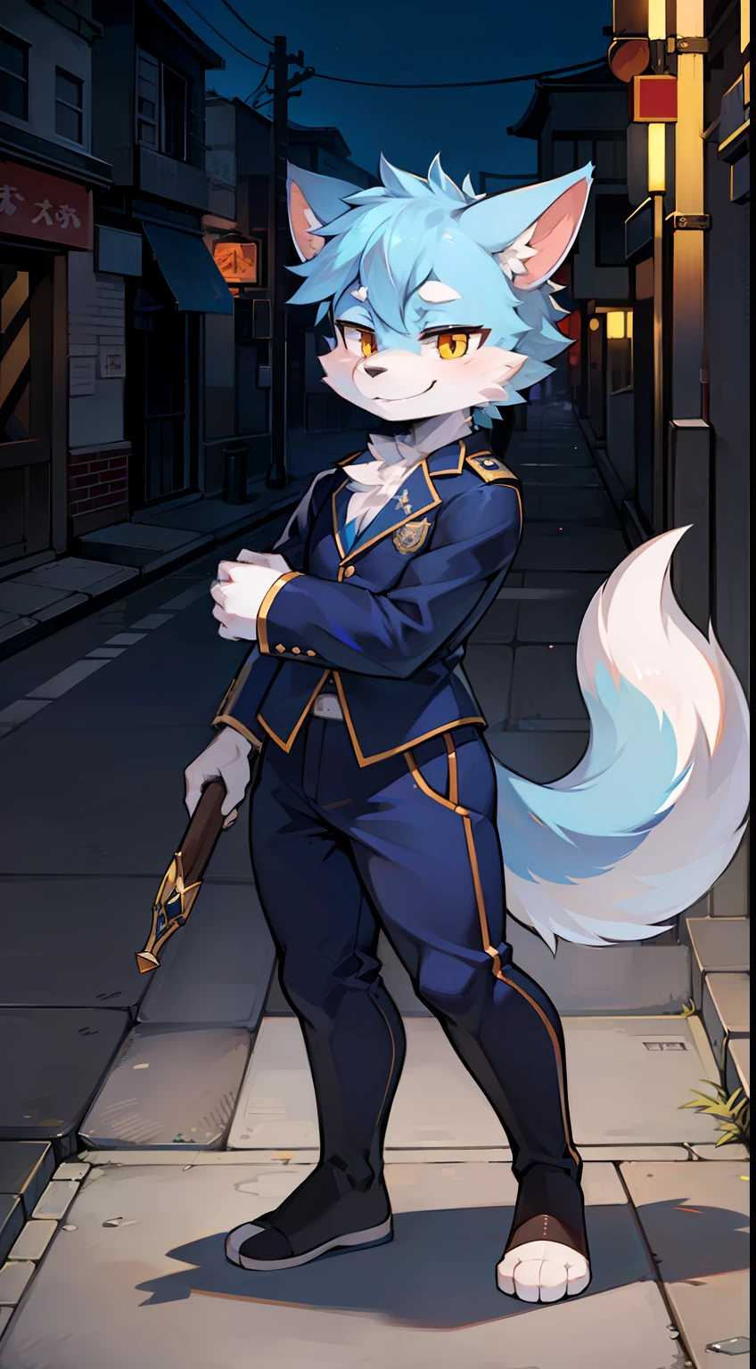 城市，the street，full bodyesbian, Young Wolf, 人物, tmasterpiece，Navy blue police uniform, Furry tail, Highest image quality, 8K, Full HD background，Cartoony，adolable，male people，a plush，Furry，White fur，White body，Light blue ears，Orange-yellow eyes，thick eyebrow，evil smile，solo person, Little Wolf Tail, Wolf ears, ((full-body portraits)), Soft lines，Soft lines of clothing，With a truncheon