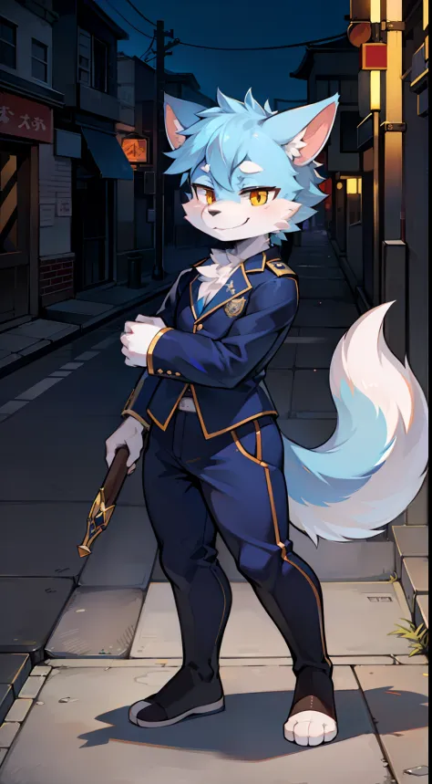 城市，the street，full bodyesbian, Young Wolf, 人物, tmasterpiece，Navy blue police uniform, Furry tail, Highest image quality, 8K, Ful...