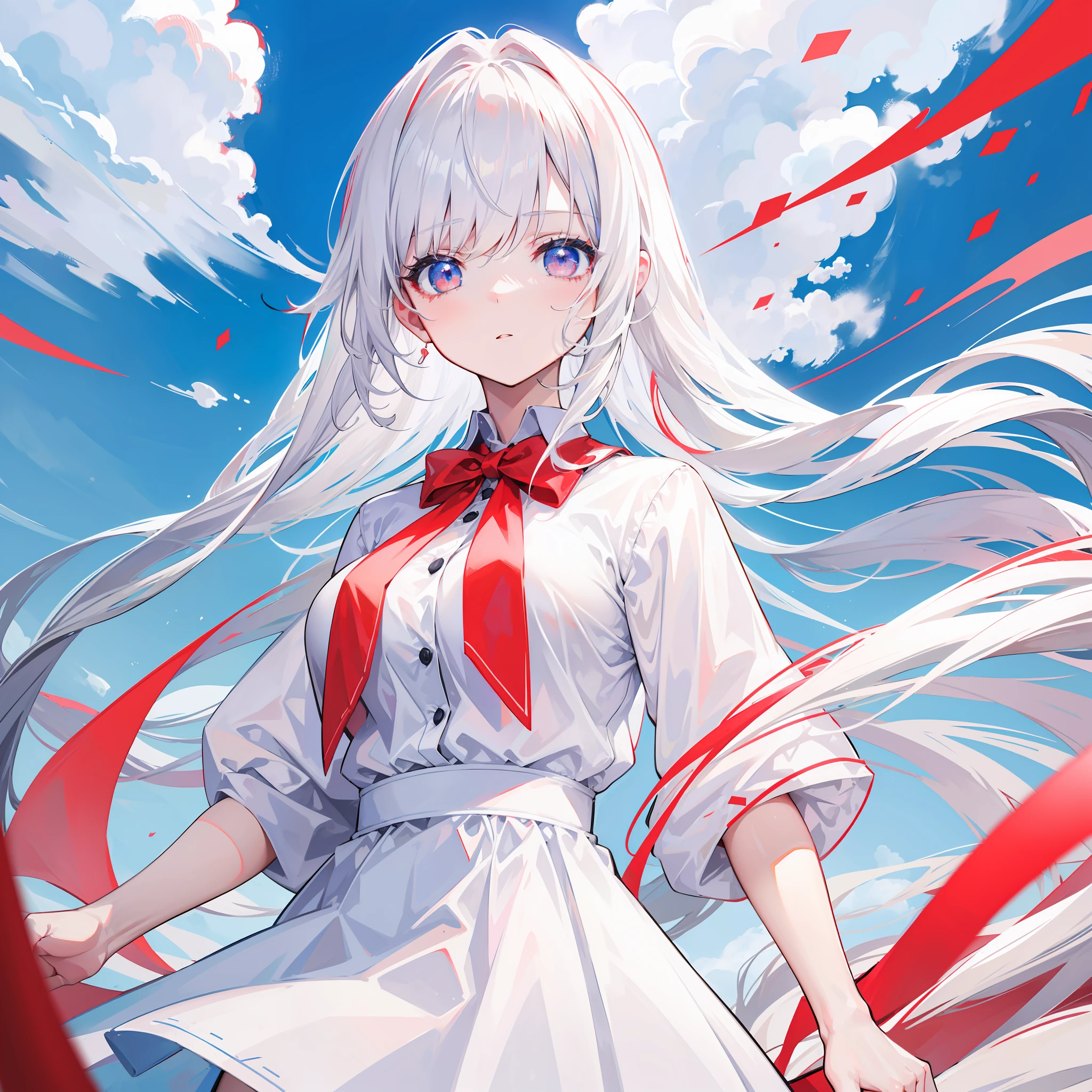 4K, Best quality, schoolgirls, White color hair, mid - length hair, red color eyes, sky blue shirt, White dress，anime big breast,Do not show your hands