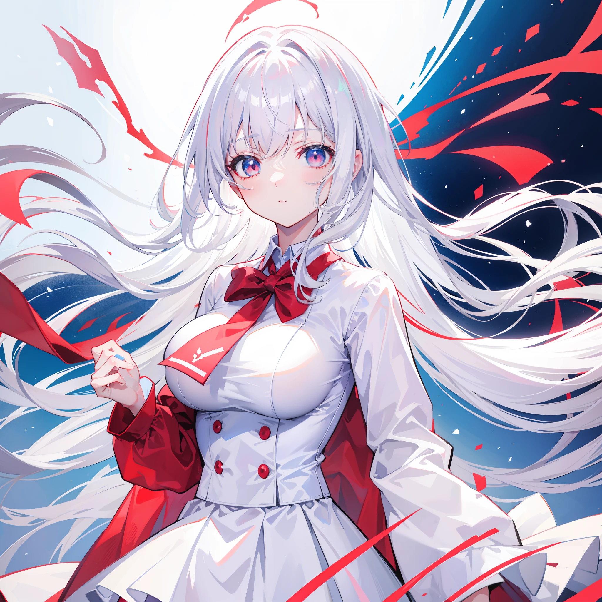 4K, Best quality, schoolgirls, White color hair, mid - length hair, red color eyes, sky blue shirt, White dress，anime big breast,Do not show your hands