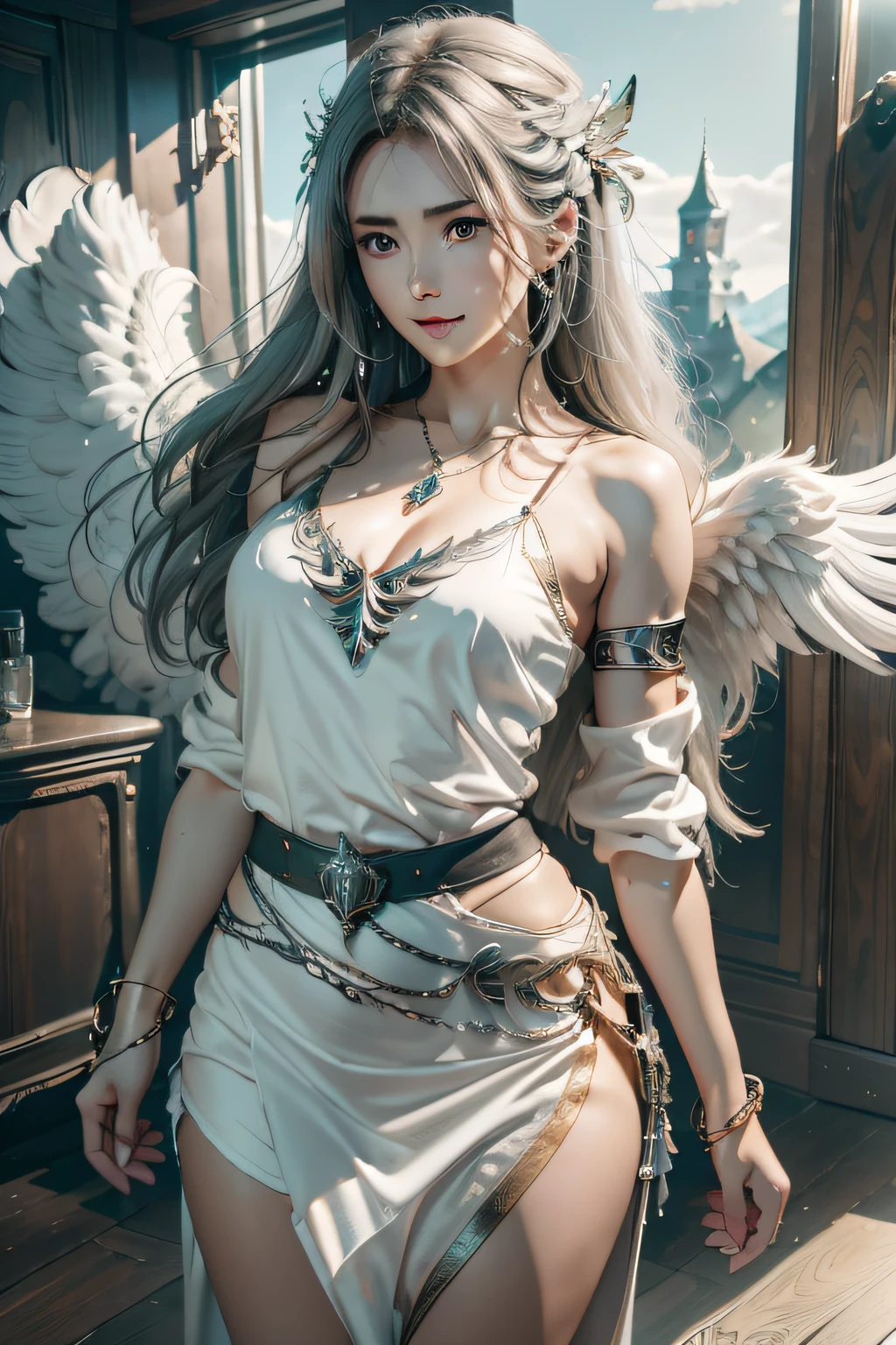 1girl in, solo, offcial art, unity 8k wall paper, ultra - detailed, prettify、Aesthetic, tmasterpiece, top-quality, Photorealsitic, A female angel、It has 6 large white wings on its back:2.0、Wings of a bird of prey、Blazing Angel、Silver armor:2.0、Silver gauntlet、Silver Insoles、White fabric、Hair ornaments with small wings、valkyrie、Very large wide sword、Glowing angel circle、angelic halo:2.0、Light magic、depth of fields, Fantastic atmosphere, calm color palette, Soft Shading、You can see the forest in the distance、See remote mountain castles、ellegance、Full body like、busty figure、Large full breasts、wide waist、Floating in the air:2.0、Flying in the sky:2.0、Fry high in the air、Sky on the steppe、You can see the castle on the hill in the distance