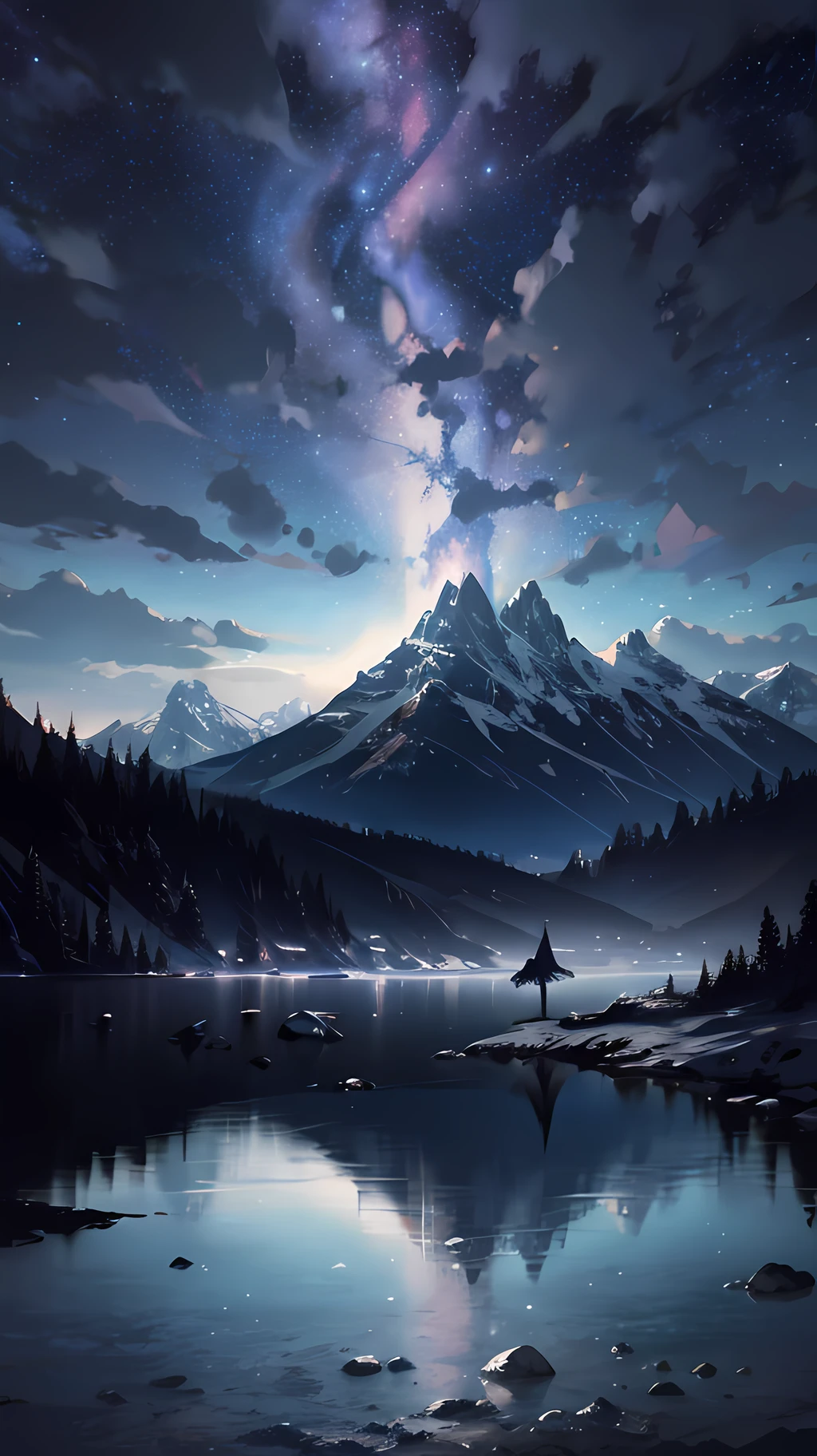 Cielo estrellado con montañas y lago., Jessica Rossier, Inspirado por Jessica Rossier, Jessica Rossier arte de fantasía, Aspectos destacados de la magia del arte conceptual, Obra oficial, pintura de ensueño, reino etéreo, Obra atmosférica, pinturas mate de ensueño, Serenas estrellas infinitas inspiradas en Ted Nasmith., ambientes estrellados iluminados por la luna, portadas de álbumes de música épica.