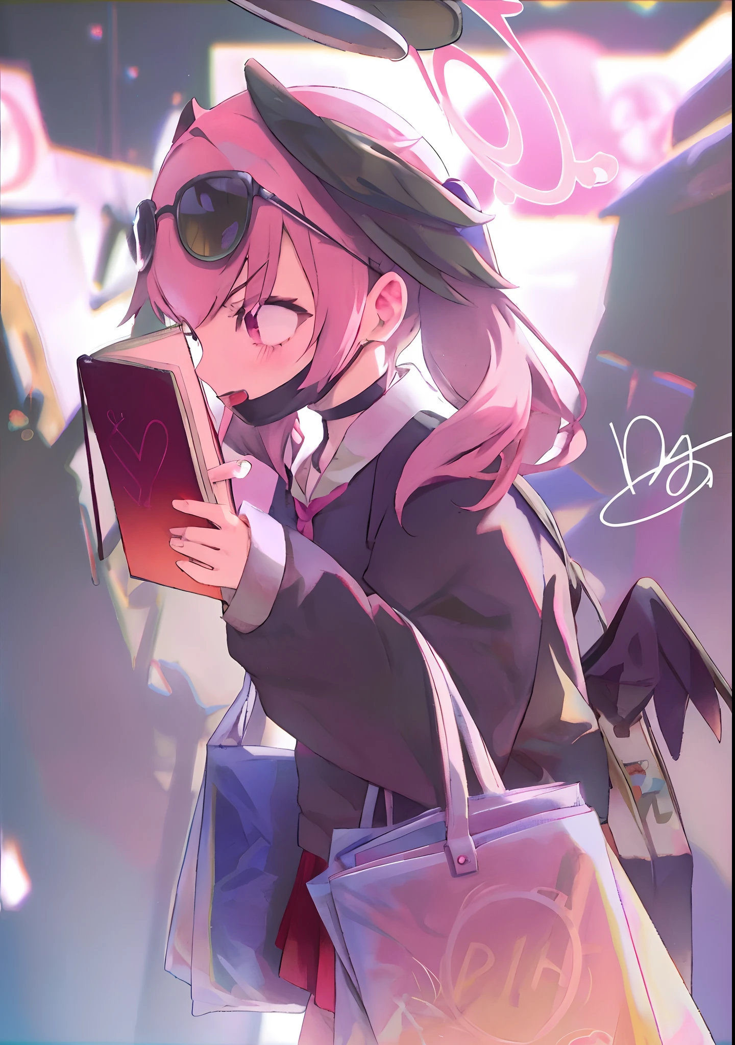 อะนิเมะสาว holding a book with pink hair and sunglasses, ddlc, ชมรมวรรณกรรมโดกิ โดกิ, กูวิซ, กูวิซ-style artwork, อมยิ้ม, อะนิเมะ Moe Art สไตล์, (อะนิเมะสาว), ภาพอะนิเมะของสาวน่ารัก ๆ, สไตล์คอลเลกชันคันไถ, จากสาวๆแนวหน้า, ซีโร่ชาน, ความรู้สึกอะนิเมะ, ผู้ชนะการประกวด PIXIV