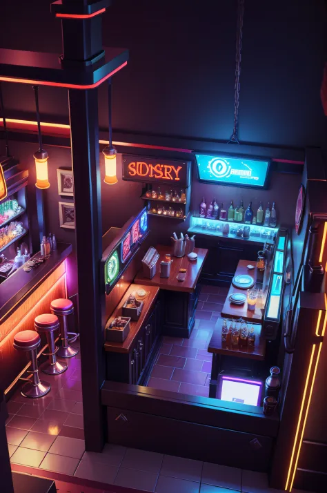 looking from above，90-degree perspective，Cyberpunk speakeasy background, diner background, Bar background, tavern background, Mo...