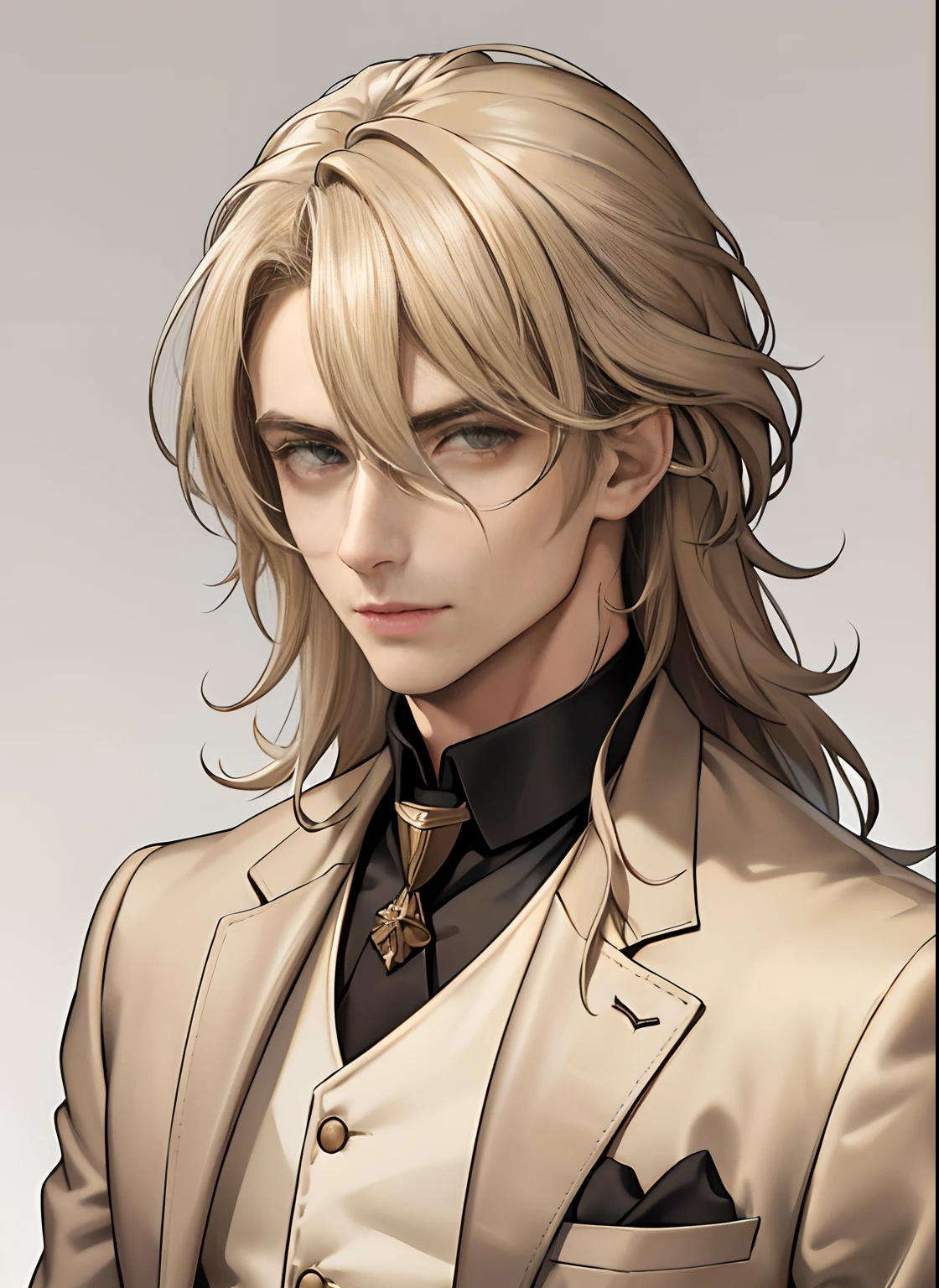 Portrait of a man in his 20s, Male, 28 years old, Mysterious, a gloomy, Standing, Above the waist, Hands down, ((Beige three-piece suit)), ((hair between eye)), Long side hair, Bangs, ((Looking at the viewer)), hair messy, shoulder length hair, Beige hair, pale skin, dark brown eyes, (((Gender neutral))), Game Graphics, White background, Late 19th century