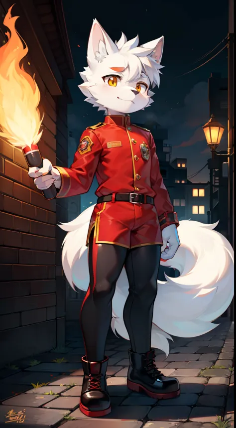 the city street，Sunnyday，full bodyesbian, Young Wolf, 人物, tmasterpiece，Red firefighter uniform, black long boots，Furry tail, Hig...