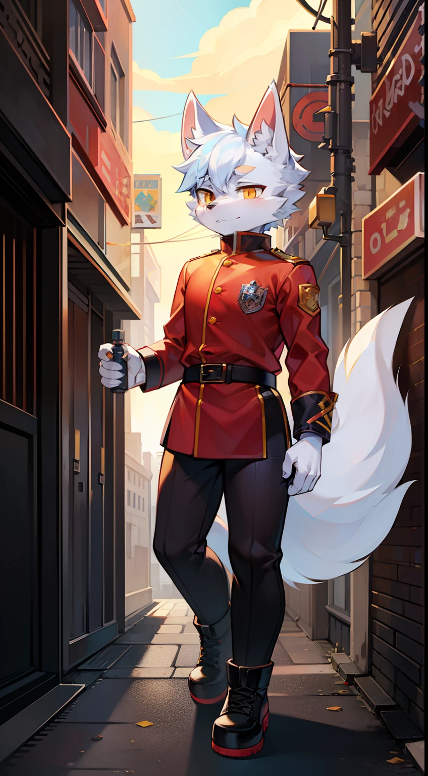 the city street，Sunnyday，full bodyesbian, Young Wolf, figure, tmasterpiece，Red firefighter uniform, black long boots，Furry tail, Highest image quality, 8k, Full HD background，Cartoony，handsome，male people，16 yaers old，a plush，Furry，White fur，White body，Light blue ears，Orange-yellow eyes，thick eyebrow，Nervous，solo person, Wolf ears, ((full-body portraits)), Soft lines，Soft lines of clothing，Hold a fire extinguisher