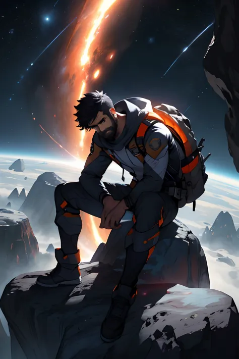 anime man with backpack looking at a planet with a star in the background, android jones and rhads, edgy adventure sci fi, sci-fi illustrations, sci - fi illustrations, epic sci - fi character art, epic sci-fi character art, epic scifi character art, sci-f...
