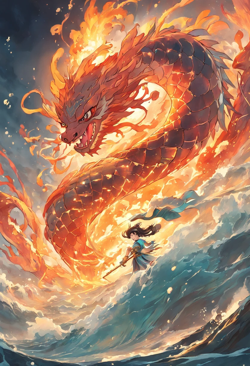 Nezha, Chinese mythology, ocean, divine weapons, halo, fiery wheels, flaming spear, lotus flower, battle stance, fierce expression, flowing red ribbon, golden armor, dragon scales, swirling waves, sea creatures, giant sea serpent, stormy sky, lightning bolts, crashing waves, underwater kingdom, aquatic beings, colorful coral, underwater palace, swirling currents, epic battle, celestial beings, heavenly realm, divine powers, fiery aura, trident, mythical creatures, mythological landscape